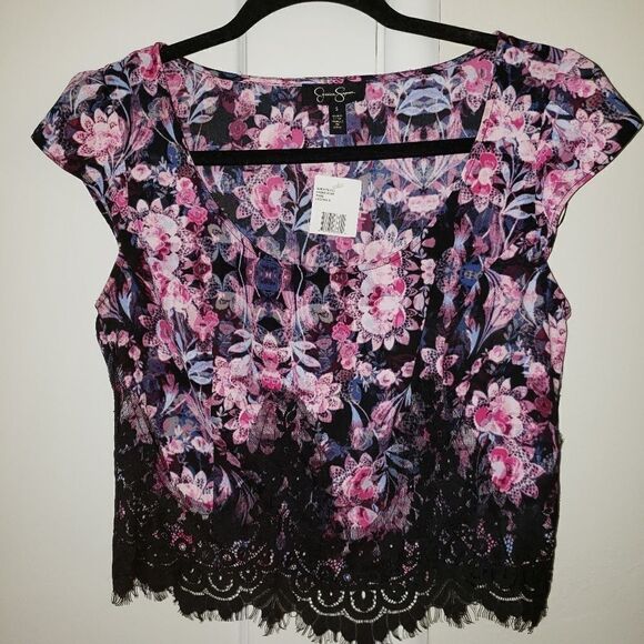 Jessica Simpson Printed Lace-Trim Crop Top - Picture 1 of 6